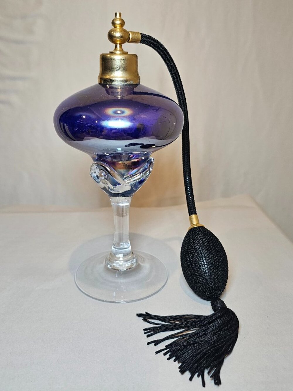 Vintage Iridescent Art Glass Perfume Bottle Automizer Purple Blue Pedestal Cord